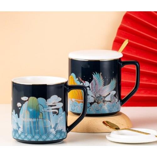 Chinese Style Creative National Tide Ceramic Mug Home Office Mens Teacup with Lid and Spoon Wenchuang Water Cup Coffee Cup