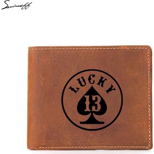 Creative LUCKY 13 Spades Leather Wallet Men Credit Card Holder Purse Gift engrave Name Coin Pocket Purse Fashion men wallet