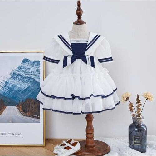 Summer Baby Clothing Sailor Collar Short Sleeve Princess Gown Children Birthday Party Easter Eid Spaninsh Girl Lolita Dress A178