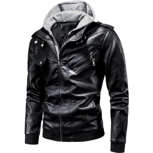 Men 2022 Spring Casual Motor Hooded PU Leather Jackets Coat Men Autumn Outwear Fashion Punk Style Hat Leather Jacket Men