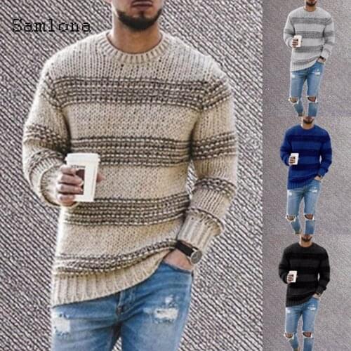 Samlona 2020 Knitting Sweater Mens Autumn New Leisure Casual Patchwork Color Stripes Sweaters Pullovers Male Winter Warm Clothes