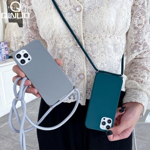 Hang Neck Strap Soft Matte Phone Case For iPhone 12 11 Pro Max Mini XS X XR 6S 8 7 Plus SE 2020 Crossbody Lanyard Silicone Cover