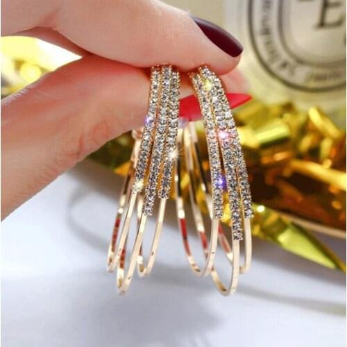 Pendientes de aro grandes y brillantes con diamantes de imitación para mujer, aretes redondos y grandes, accesorios de joyería 2