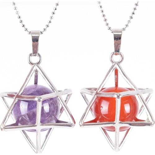 Reiki Natural Stone Merkaba Pendulum for Wicca Drowsing Hexagram Pendule Round Crystal Quartz Beads Pendants Jewelry D739-D754