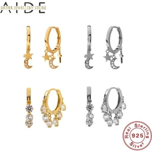 AIDE 925 Sterling Silver Hoop Earrings For Women Trendy Moon Star Cross/Zircon Tassel Fashion Huggie Earings Jewelry pendientes