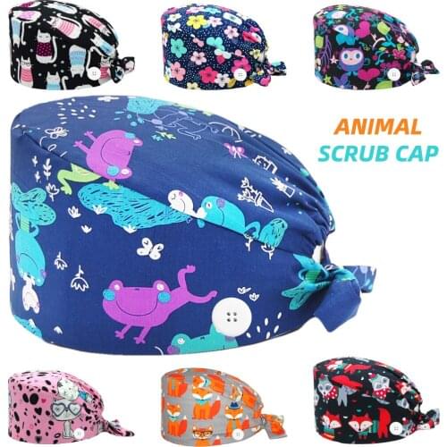 Unisex Scrub Hats Adjustable 100% Cotton Beauty Salon Beautician Nursing Caps Tieback Straps Sweatband Lab Pet Shop Scrubs Hat
