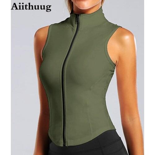 Aiithuug Athletic Zip Up Sweat Vest Jacket Sleeveless Running Yoga Tops High Neck Shirts Sports Top Fitness Women Workout Tops