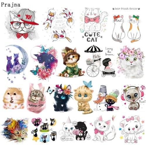 Prajna Hippie Cat Patch Iron on transfer Patches cartoon cats heat-sensitive patches ironing printing for clothes Kids T Shirt