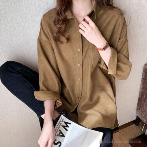 Women Autumn Winter Long Sleeve Shirts Turn Down Collar Red Gray Basic Casual Teen Female Gril Oversize Shirt Loose Blouse