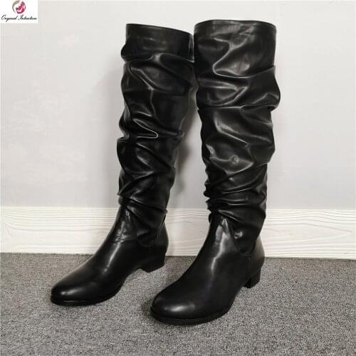 Original Intention Stylish Black Knee High Boots Woman Round Toe High Quality Boots Square Heels Sexy Lady Shoes Casual Office