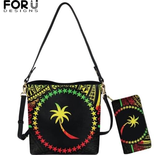 FORUDESIGNS Women Shoulder Bags Clutch Sac Micronesian Reggae Color Pattern Ladies Pu Leather Bucket And Long Wallet Set/Pcs New