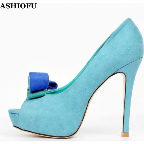 ASHIOFU Handmade Ladies High Heel Pumps Kid-suede Party Prom Dress Shoes Peep-toe Platform Evening Club Fashion Court Shoes XD90