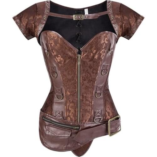 Gothic Steampunk Clothing Women Plus Size Vintage Pu Leather Corset Steampunk Brown Outerwear Bustier Corselet Overbust Tops