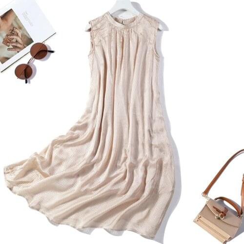Womens 100% Pure Silk Light Champange Stripes Sleeveless Cotton Lining Long Dress Crew Neck L XL JN837