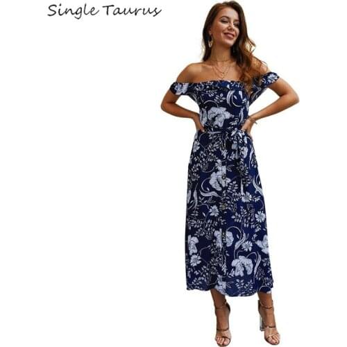 2020 Slash Neck Dress Women Strettwear Summer Bohemia Beach Sexy Floral Boho Dresses Long Off Shoulder Blue Beach Maxi Dress