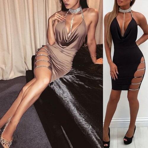 Women Sexy Halter Crystal Sequin Dress Backless Metallic Diamond Bandage Club Bodycon Dress Party Christmas Dresses Ladies