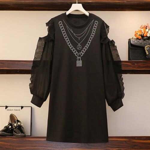 5XL plus size women vintage chiffon dress autumn winter 2021 long sleeve o neck shiny Diamond sexy off shoulder mini dresses
