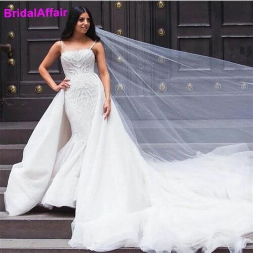 2021 New Arrival Mermaid Wedding Dress With Detachable Train Spaghetti Backless Sweep Train Appliques Pearls Beads Bridal Gowns