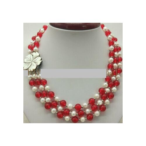 3Row 7-8MM White Akoya Pearl Sea Blue Jade Necklace 18-20