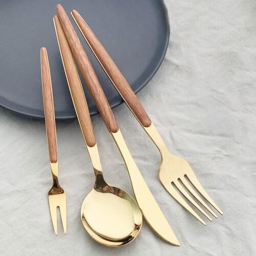 4Pcs Gold Cutlery Set Stainless Steel Dinnerware Wooden Handle Tableware Glossy Knife Fork Spoon Western Kitchen Silverware Set