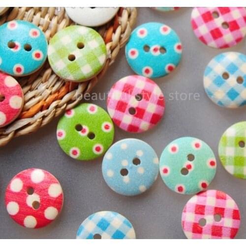 500 Mixed Multicolor 15mm Lattice polka dot rustic plaid handmade diy accessories small wooden buttons scrapbooking C043