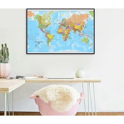 80*60cm Political Map of The World with Details Modern Canvas Painting Wall Art Poster School Supplies Living Room Home Decor