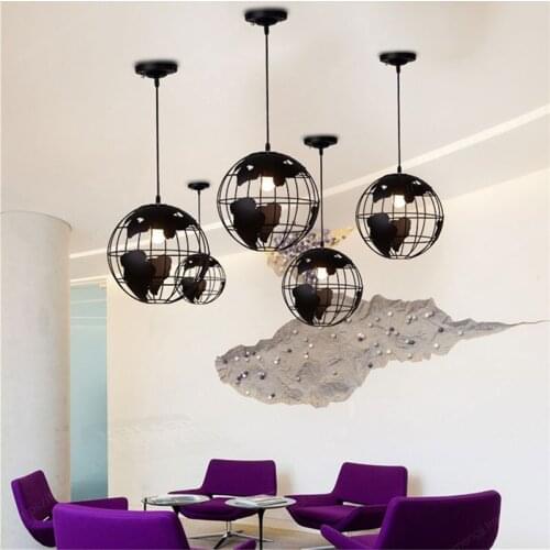 Black creative loft continental single retro globe chandelier Modern metallic lounge café casual ceiling lamp