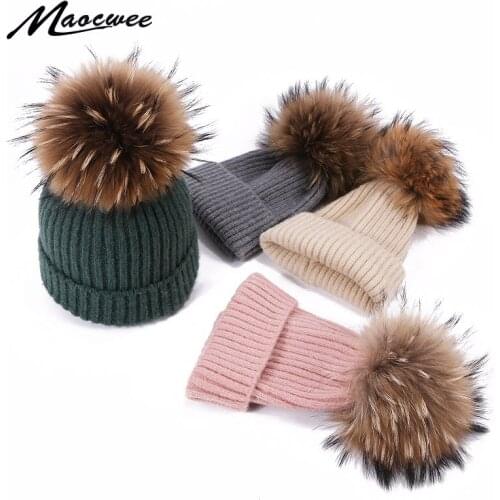 Children Real Fur Pompon Beanie Hat Winter Knit Colour Hat Boy Girl Outsoor Thick Warm Skullies Bone Kids Baby Soft Cute Beanies