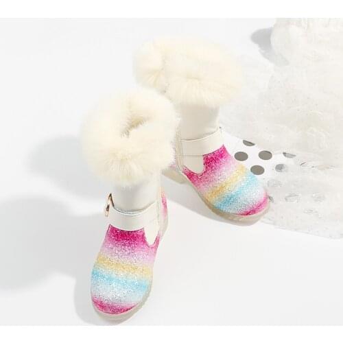 Princess Kids Boots New Winter Girls Snow Boots Childrens Mid-calf Plus Velvet Boots for Girls Pink White