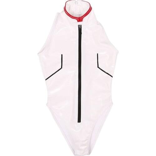 Wet Look PVC Catsuit Cosplay High Cut Hot Sexy Bodysuit White Faux PU Leather Tights Bodystocking Body Shaping Swimsuit Sukumizu