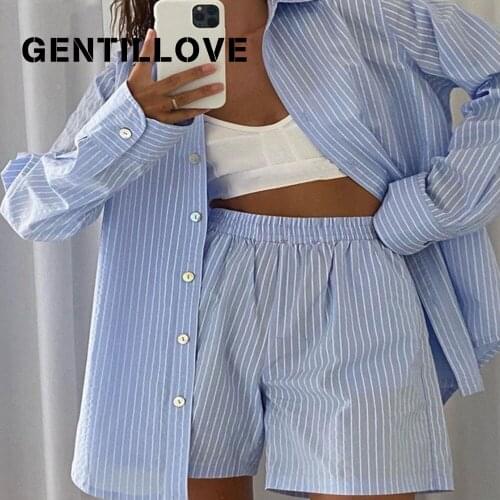 Summer Autumn Casual Women Shorts Suit Plaid Striped Long Sleeve Shirt Top Loose High Waisted Wide Leg Pants Two Piece Suit
