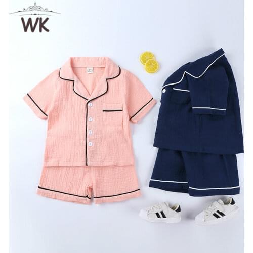 Summer Girls Boys Pajama Sets Casual Solid Short Sleeve Turn-down Neck Tops+Shorts 3 Colors Outfit 3-8Y linen homewear set JT413