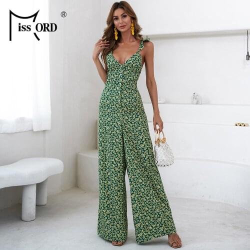 Missord 2021 Summer Women Jumpsiut Print Deep V Neck Spaghetti Strap Party Green Backless Strapless Casual Elegant Long Maxi