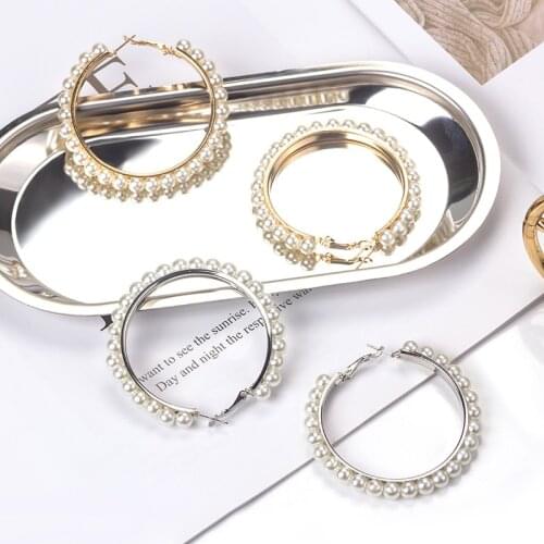 Fashion Big Alloy Gold Geometric Pearl Rice Beads Earrings For Women Korean Pop Exaggeration Temperament Stud Jewelry Wholesale