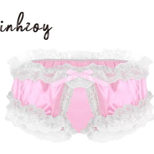 Mens Shiny Satin Frilly Ruffle Lace Open Crotch Sissy Panties Lingerie for Male Crotchless Briefs Erotic Hot Sexy Gay Underwear