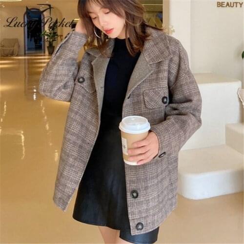 New Women Fall Winter Brown Plaid Wool Short Woolen Coat Female Plus Size Parkas Ladies Fashion England Style Outerwears ZM88