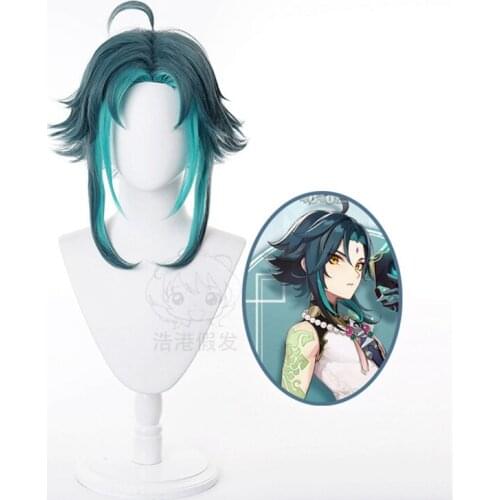 Game Anime Genshin Impact Project Wig Xiao Guardian Yasha Mixed Green Hair Cosplay Wig Role Play Halloween Hair Synthetic 40cm