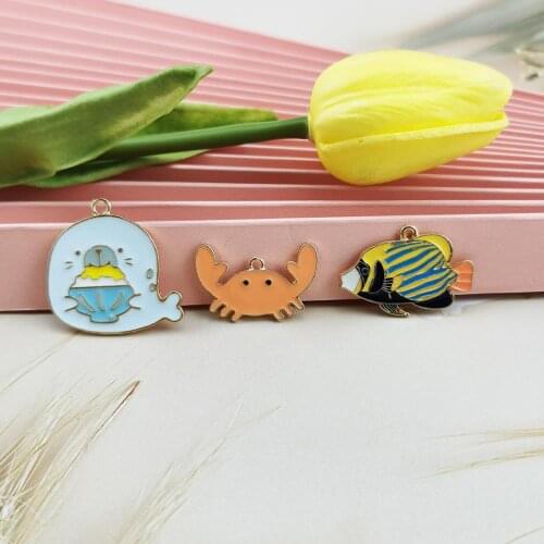 10pcs/pack Sea Lion Butterfly Fish Crab Enamel Charms Gold Color Metal Pendants Craft Fit DIY Earring Dangle Jewelry Accessories