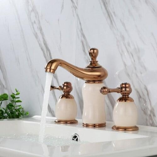Luxury Rose Gold Brass Natural jade Bathroom Sink Faucet Art Basin Mixer Taps three holes high quality Lavatory Faucet--SM5387