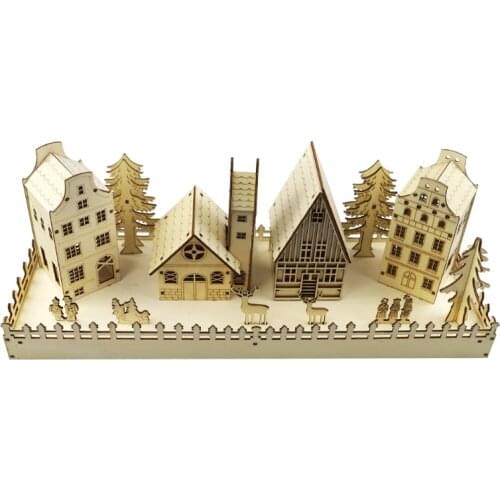 Christmas Wooden Village House Scene LED Lighted Luminous Xmas Tree Reindeer DIY Craft Blank Ornament with Base Holiday Party D