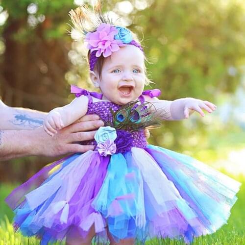 Peacock Feather Princess Girls Party Dresses with Baby Hair Band Floral Infant Kids Clothes for Girl Birthday Photo Shoot