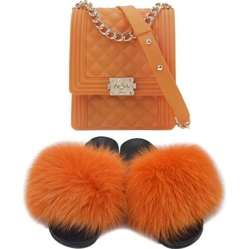 Furry Slippers Women Fur Slides and Purse Set Girls Handbag Rainbow Bags PVC Jelly Shoulder Bag Real Fox Fur Shoes Fuzzy Slides