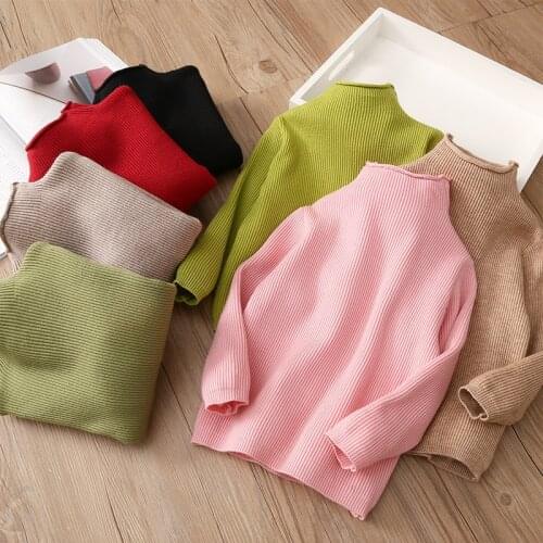 2021 Autumn Winter Warm 2-9 10 12 Years 90-150cm High Neck Knitted Turtleneck Solid Color All Match Sweater For Baby Kids Girls