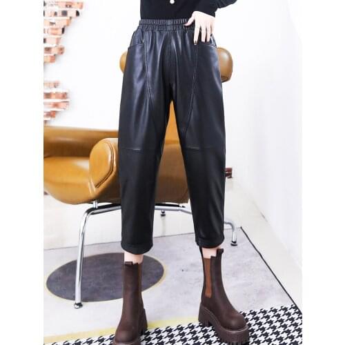 2021 Spring Autumn Womens Genuine leather casual Ninth pants High quality sheepskin leather Harem pants C104