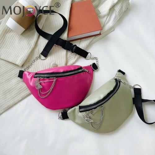 Vintage Butterfly Chain Brooch Fanny Packs Solid Color PU Crossbody Chest Bag Women Large Capacity Chain Waist Packs