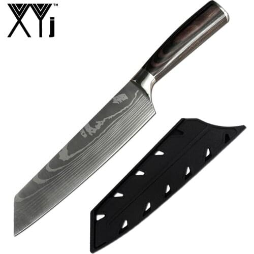 XYj Kitchen Knife Stainless Steel Chefs Knife Peeling Chopping Knife Slicing Knife Vegetable Cleaver Laser Pattern with Sheath