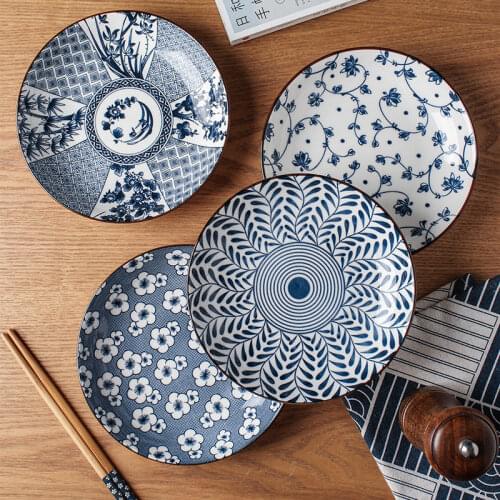 2PCS Japanese Retro Ceramic Dishes Blue And White Pastoral Style Dinner Plate Underglaze Food Dish Household Tableware Set Gifts