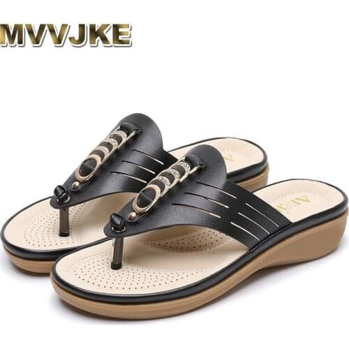 MVVJKE Women Casual Flat wedge Slip Summer Female Bohemia metal button Flip Flops Beach Shoes Sandals Slipper zapatos de mujer