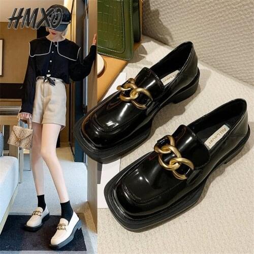 HMXO Thick-soled Square Toe Retro Women Shoes Metal Buckle Chain Patent Girl Jk Shoes British Mary Jane Leather Shoes Fairy Shoe