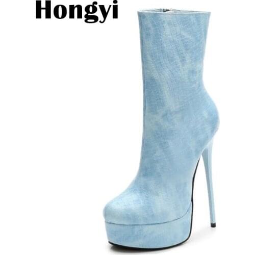 Snakeskin Pattern Thick Platform Winter High Heel Boots Women Side Zipper Comfortable Winter Shoes Female 2018 Plus size 46